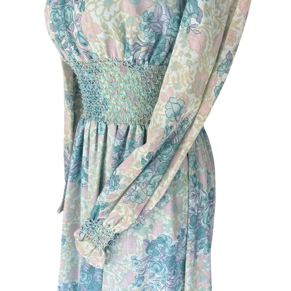 Vintage 70s Blue Floral Chiffon Maxi Dress Sheer Sleeves Empire Waist Boho S/M - Picture 4 of 5